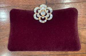 Mulian‎ Lily Burgundy Velvet Evening Clutch with Crystal Flower Clasp